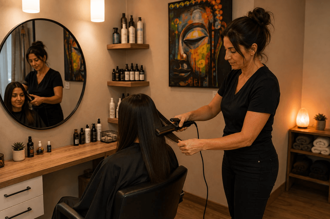 Coiffeuse lissant les cheveux d'une cliente au poste de coiffage, devant le miroir rond