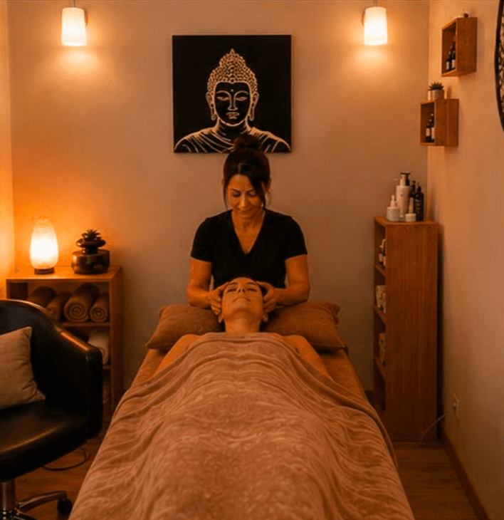 Massage du cuir chevelu sur table, sous la toile du Bouddha doré